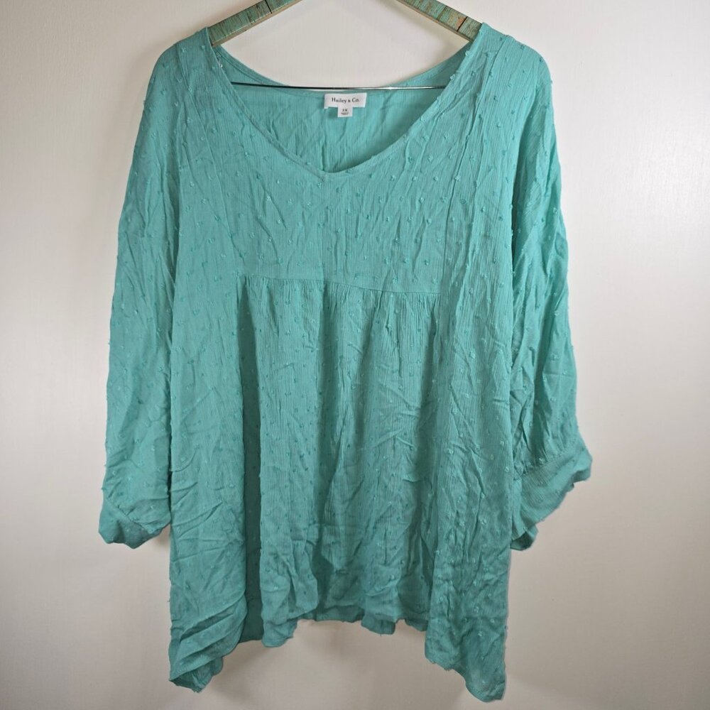 Hailey & Co. Blue Swiss Dot Sheer Assym Dolman Sleeve V-Neck Blouse, 1X, NWOT